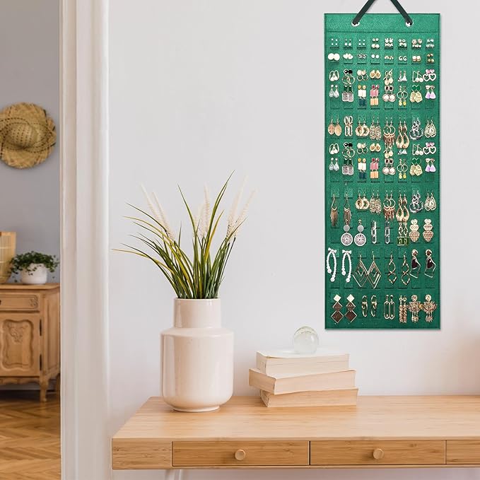 Lolalet Hanging Earring Holder Organizer with 20 Hooks for Women, Earring Organizer Wall Earrings Hanger Pierced Earring Storage, Felt Stud Earring Display, 608 Holes for Earrings -Emerald, 1 Pack