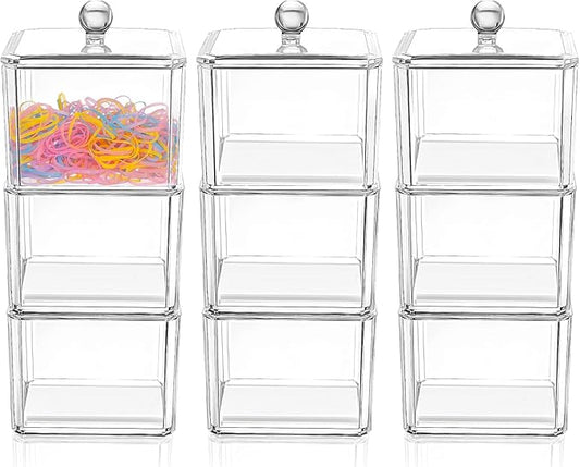 Reginary 9 PCS Hair Accessories Stackable Organizer Holder Storage with Lids Acrylic Clear Hair Tie Organizer Bathroom Bow Containers for Girls Headband Scrunchie Makeup Accessory Organizing
