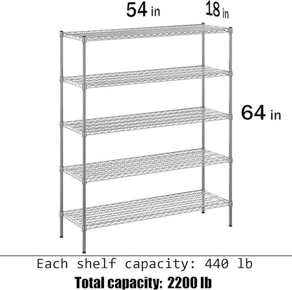 18" Deep x 54" Wide x 64" Height Wire Shelving Kit | 5-Tier | NSF Commercial Storage Rack Unit