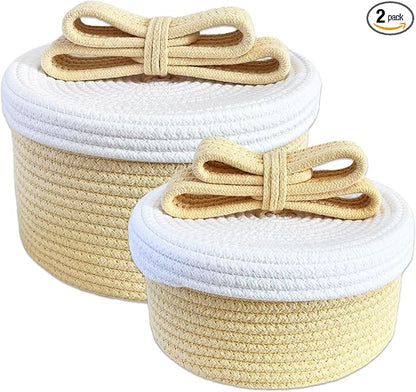 Cute Storage Baskets with Lids, Small Round Woven Rope Basket with Lid, Small Toy Box for Kids or Cat, Cute Basket for Gift, Decorative Basket with Chic Bow Handle, yellow
