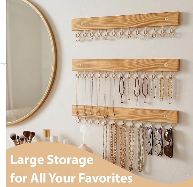 3 Pack Necklace Holder Wall Mounted Hanging Jewelry Organizer, Wooden Jewelry Hanger with 39 Hooks for Necklace Earring Bracelet & Accessories Display, Jewelry Storage Holder for Bedroom Closet Decor