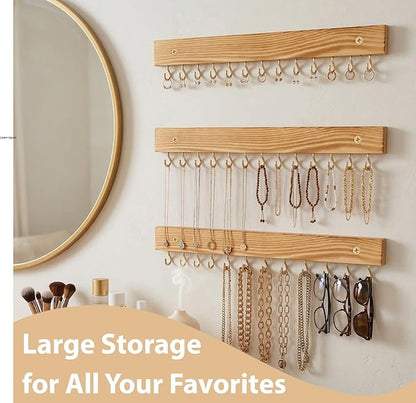 3 Pack Necklace Holder Wall Mounted Hanging Jewelry Organizer, Wooden Jewelry Hanger with 39 Hooks for Necklace Earring Bracelet & Accessories Display, Jewelry Storage Holder for Bedroom Closet Decor