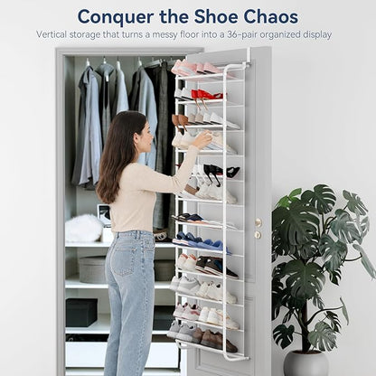 Whitmor 36 Pair Over The Door Shoe Organizer, 12 Tier Hanging Shoe Organizer, Heavy Duty Metal & Mesh Shoe Holder, Hanging Shoe Rack for Closet Organizer & Storage, 74"L x 21.7"W x 7.5"H, Matt White