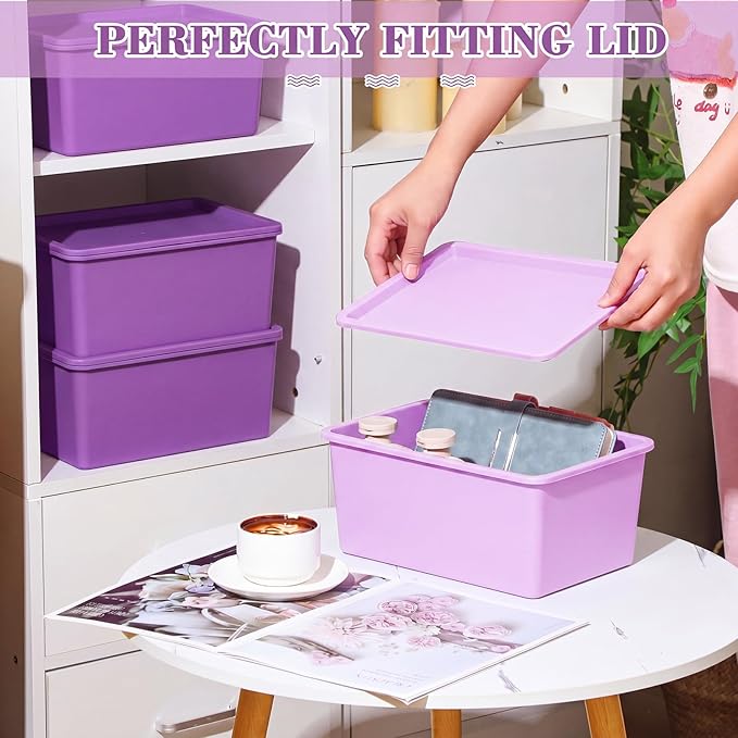 Menkxi 4 Pcs Storage Bins with Lids Plastic Stackable Containers for Organizing Shelves Christmas Ornament Box Baskets(Dark Purple, Light Purple,Small)