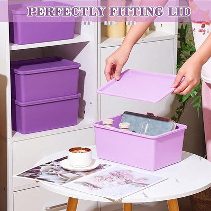 Menkxi 4 Pcs Storage Bins with Lids Plastic Stackable Containers for Organizing Shelves Christmas Ornament Box Baskets(Dark Purple, Light Purple,Small)