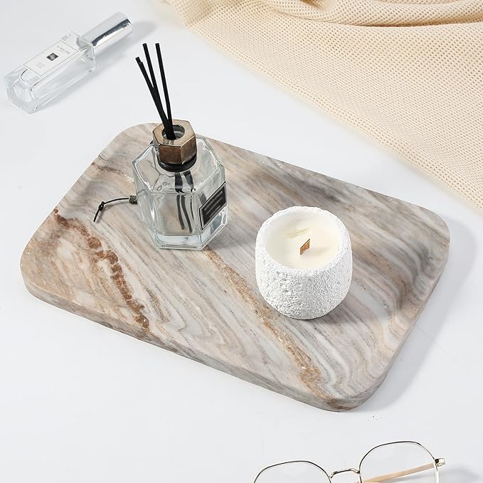 Koville Marble Tray, 12"x8" Marble Vanity Tray for Countertop Bathroom Kitchen Dresser, Decorative Catchall Trays for Perfume Jewelry, Rectangular Stone Serving Tray(Palissandro Blue