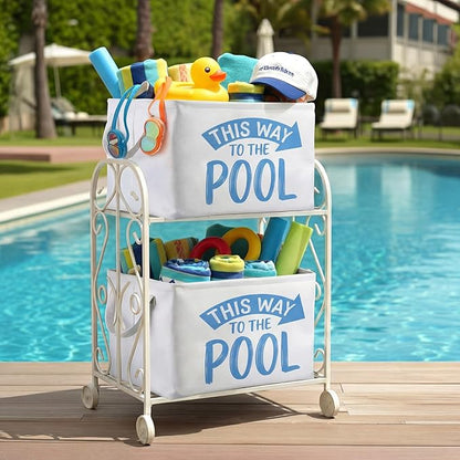 Yungyan This Way to The Pool Towel Storage Basket Bin and Organizer Large Pool Towel Storage Basket Waterproof Canvas Cube with Handle Beach Gift for Outdoor Summer Seaside Home Clothes Book Toy