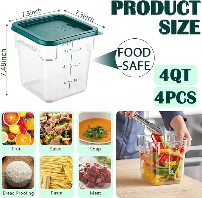 4 Pack 4QT Food Storage Containers with Green Lids, Clear Square Restaurant Commercial Food Storage Containers with Handle and Scale, Marinating Container Dough Rising Bucket for Home & Dining