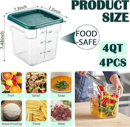 4 Pack 4QT Food Storage Containers with Green Lids, Clear Square Restaurant Commercial Food Storage Containers with Handle and Scale, Marinating Container Dough Rising Bucket for Home & Dining