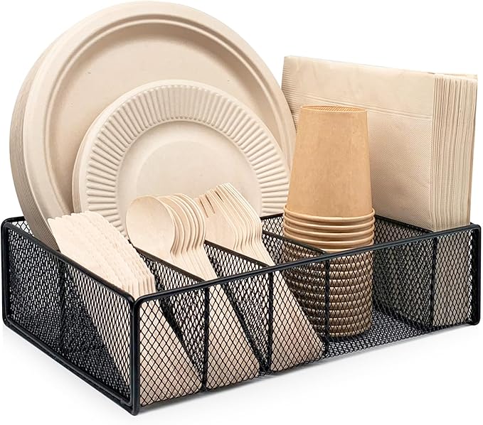 Dysanvica Metal Paper Plate Holder - Utensil Silverware Caddy for Kitchen Counter Cabinet Cutlery Flatware Organizer Storage Dispenser Box for Plastic Spoon Fork Plates Napkins Cup Party Camping Black