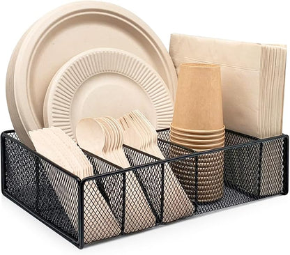 Dysanvica Metal Paper Plate Holder - Utensil Silverware Caddy for Kitchen Counter Cabinet Cutlery Flatware Organizer Storage Dispenser Box for Plastic Spoon Fork Plates Napkins Cup Party Camping Black