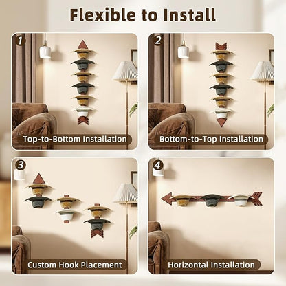 Cowboy Hat Holder for Wall 6 Pieces Arrow Solid Wood with Metal Western Hat Rack Wall Decor Hat Organizer Hanger Storage for Entryway Closet Living Room Bedroom Cherry Brown
