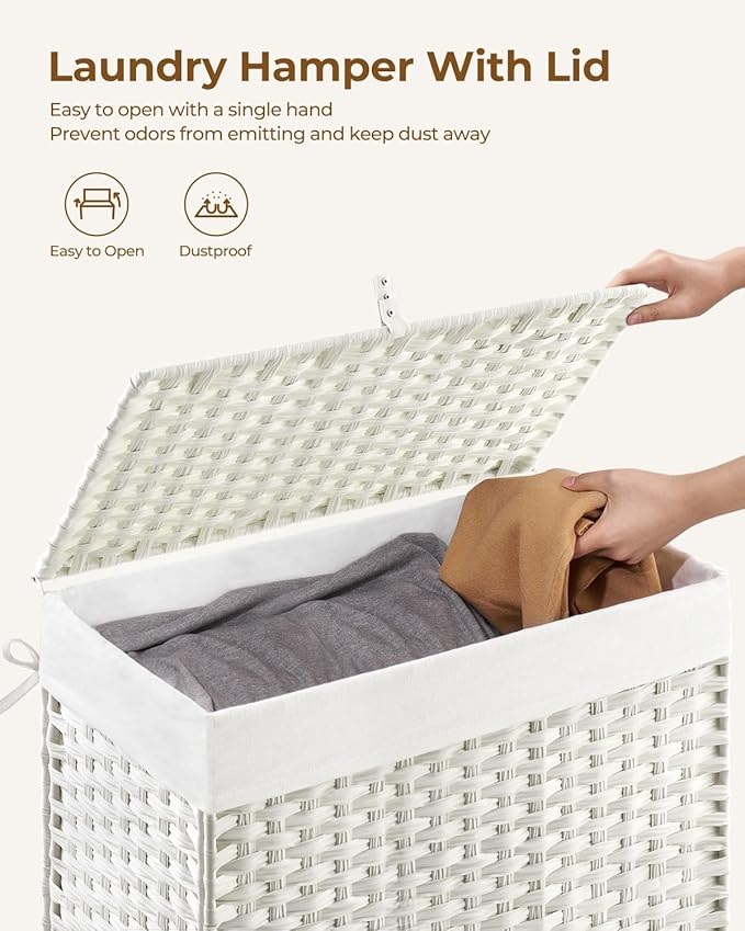 Greenstell Laundry Hamper with Lid, 125L Laundry Basket with 2 Removable Liner Bags & 2 Mesh Bags, Handwoven Synthetic Rattan Clothes Hamper for Clothes, Toys in Bathroom, Bedroom, Foldable, White