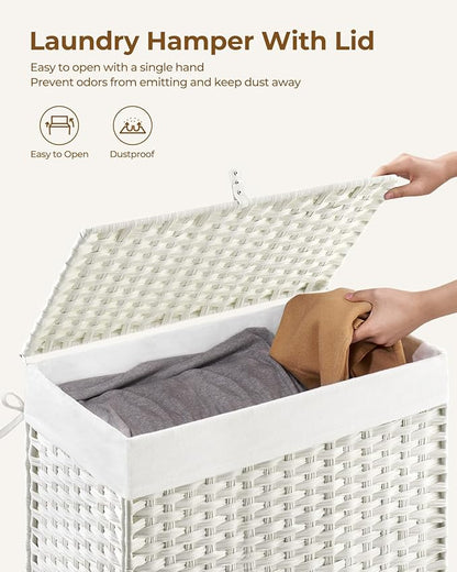 Greenstell Laundry Hamper with Lid, 125L Laundry Basket with 2 Removable Liner Bags & 2 Mesh Bags, Handwoven Synthetic Rattan Clothes Hamper for Clothes, Toys in Bathroom, Bedroom, Foldable, White
