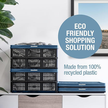CleverMade Collapsible Utility Crates, Ocean, 3 Pack, 45L/11 Gal, 66 lbs Capacity, Stackable Containers, Heavy Duty, Space-Saving Baskets,Polypropylene (PP)