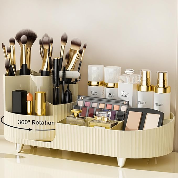 Rotating Makeup Organizer for Vanity with Brush Holder, Cosmetic Makeup Storage Organizer, Large Spinning Makeup Skincare Organizer, Countertop Makeup Perfume Organizer, Lotions Display Case Ivory