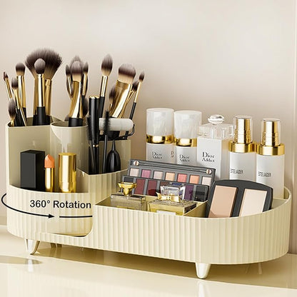Rotating Makeup Organizer for Vanity with Brush Holder, Cosmetic Makeup Storage Organizer, Large Spinning Makeup Skincare Organizer, Countertop Makeup Perfume Organizer, Lotions Display Case Ivory