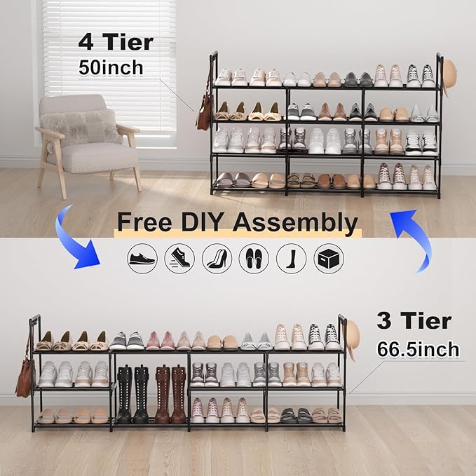 3 Row 4 Tier Long Shoe Rack, Black Metal Stackable Shoe Shelf with Multifunctional Hooks, Shoe Storage Hold 24-30 Pairs, Space Saving Shoe Organizer for Closet,Wide Shoe Rack