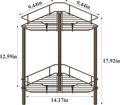 HuggieGems 2 Tier Floor Standing Corner Shower Caddy Organizer Shelf with Hooks, Bathroom Shelves Stand Rack, Bronze