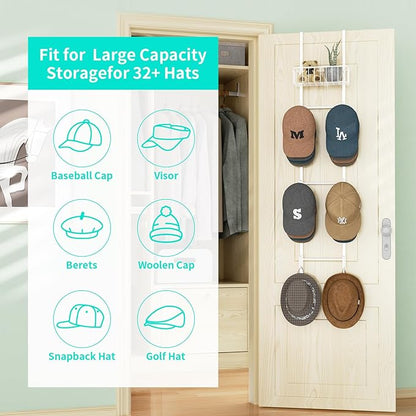 HapiRm Over Door Hat Rack - Wall Mounted Hat Holder with 6 Hooks and Metal Basket Design, Baseball Cap Organizer Storage Up to 32 Caps for Door, Bedroom, Closet (White)
