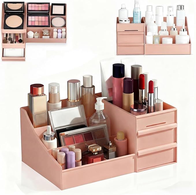 Makeup Organizer with Drawers, Cosmetic Organizer for Vanity Dresser Bathroom Countertop, Large CapacityOrganizer for Skincare, Lipstick, Palettes (Pink-1 Pack)