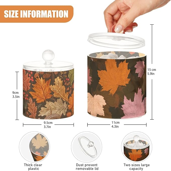 2 Pack Qtip Dispenser Apothecary Jars with Lids Cotton Round Holder Bathroom Canisters for Cotton Swab Floss Ball Pads Clear Plastic Decorative Maple Leaves Branches Brown