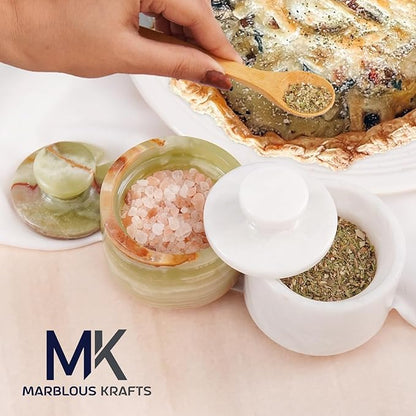 MARBLOUS KRAFTS Marble Salt Cellar with Lid 3" White and Green Onyx Salt & Pepper Bowls,Home Storage, Salt Container for Kitchen Countertop, Table Décor, Mother’s Day Gift, Kitchen, Seasoning Storage