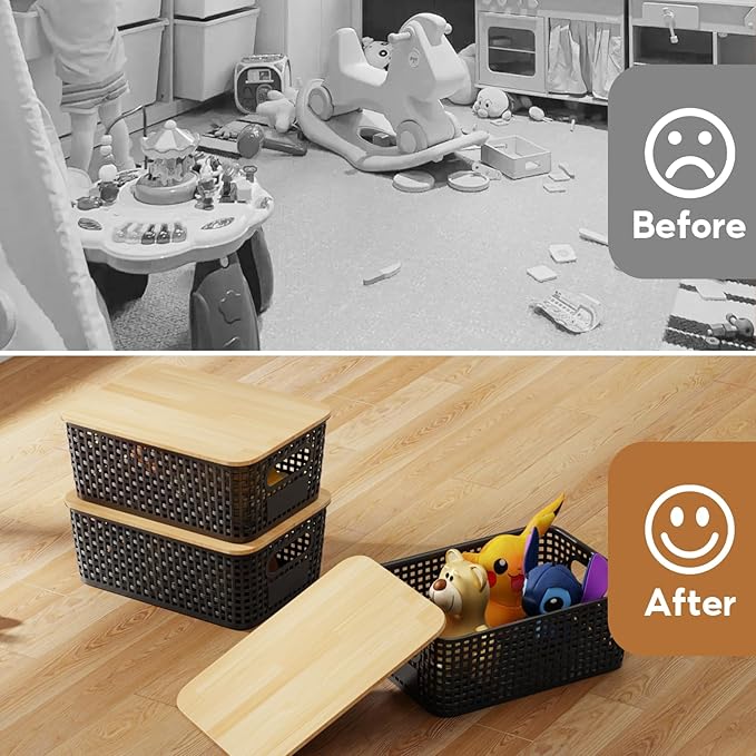 8 Pcs Plastic Storage Bins with Bamboo Lids and Labels 5.29qt Stackable Box Basket Pantry Decorative Containers, Small Storage Baskets for Desktop Organizing Shelves Bedrooms Cabinets 10*7.2*4.1"