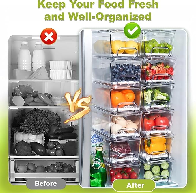 Pull Out Fridge Organizer Drawer, Stackable Refrigerator Storage Bins with Drain Tray and Lid, Clear Fruit and Vegetable Storage Containers Box, for Kitchen Freezer, 2-Pack