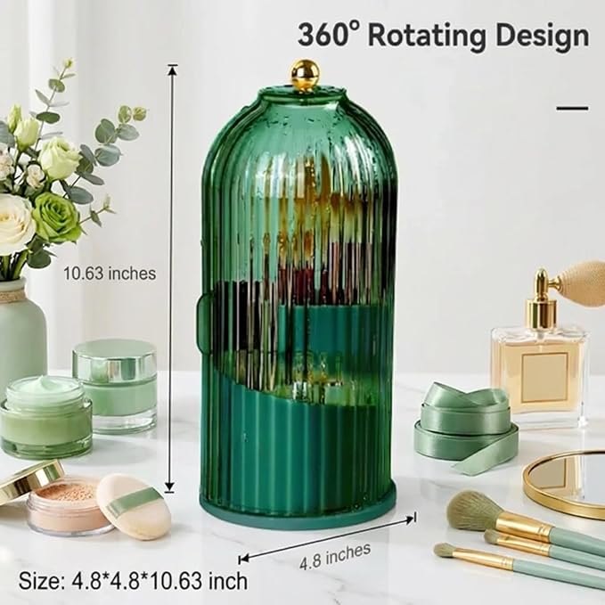 Makeup Brush Holder with Lid 360° Rotating 3-Compartment Makeup Organizers for Vanity, Waterproof & Dustproof Cosmetic Storage Box for Dressing Table (Transparent Green)