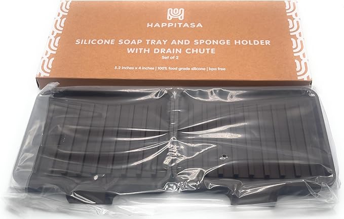 Silicone Soap Dish Tray and Sponge Holder with Drain Chute, Rectangular, Kitchen and Bathroom Sink Organizer (Dark Chocolate, 5.2"x4" (Set of 2), 7.2 Ounces)