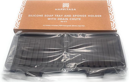 Silicone Soap Dish Tray and Sponge Holder with Drain Chute, Rectangular, Kitchen and Bathroom Sink Organizer (Dark Chocolate, 5.2"x4" (Set of 2), 7.2 Ounces)