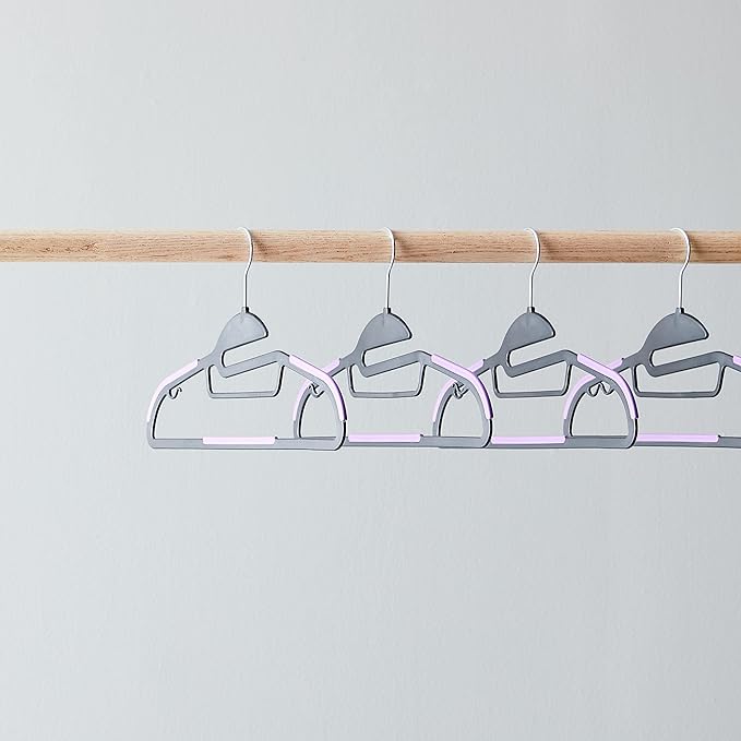 Amazon Basics Space Saving Non-Slip Rubber Coated Plastic Hangers with 360 Degree Swivel Hook, Black/Purple, Pack of 50