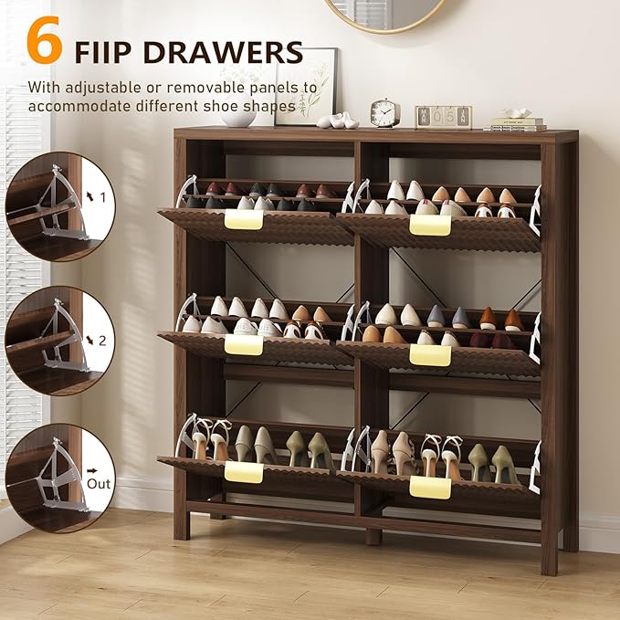 YOMILUVE 47.3" Shoe Cabinet Storage for Entryway, Fluted Shoe Cabinet with 6 Flip Drawers, Hidden Shoe Rack Freestanding Wooden Shoe Organizer with Legs for Hallway, Walnut