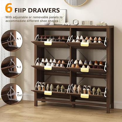 YOMILUVE 47.3" Shoe Cabinet Storage for Entryway, Fluted Shoe Cabinet with 6 Flip Drawers, Hidden Shoe Rack Freestanding Wooden Shoe Organizer with Legs for Hallway, Walnut