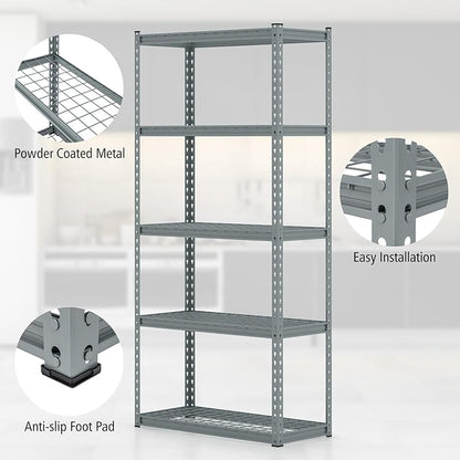 Goplus 5-Tier Metal Shelving Unit, Heavy Duty Wire Storage Rack with Anti-Slip Foot Pads, Height Adjustable Shelves for Warehouse, Kitchen, Living Room, Garage, 15.5" D×35.5" W×72" H