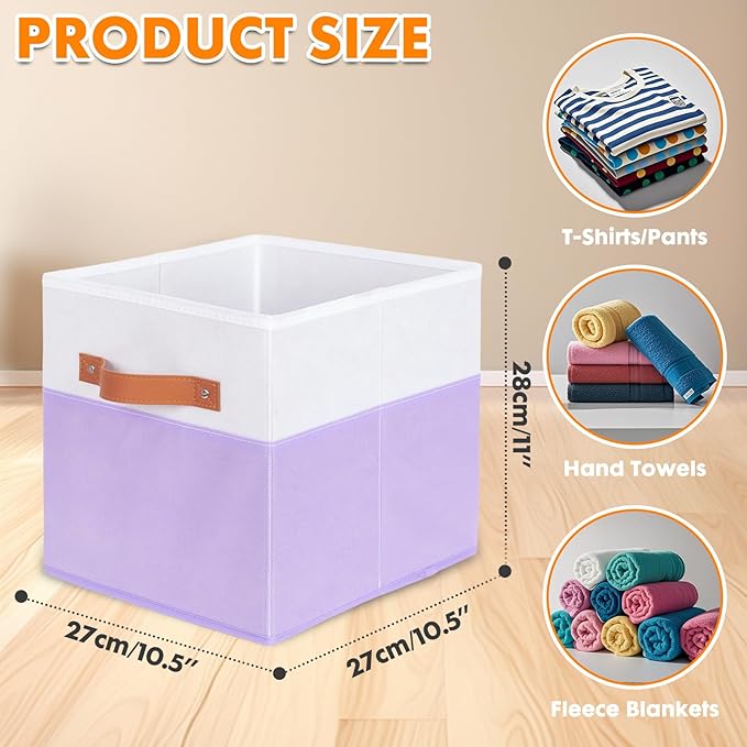 ShellKingdom Storage Bins, Two-Tone Foldable Fabric Storage Cubes with Leather Handle for Closet Toys Clothes Storage Organizer Drawer, 10.5 X 10.5 X 11 inch, 2 Pack (White/Lavender)