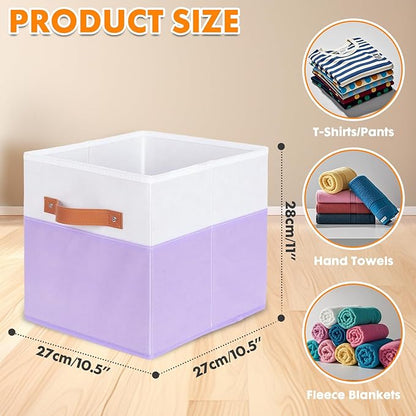 ShellKingdom Storage Bins, Two-Tone Foldable Fabric Storage Cubes with Leather Handle for Closet Toys Clothes Storage Organizer Drawer, 10.5 X 10.5 X 11 inch, 2 Pack (White/Lavender)