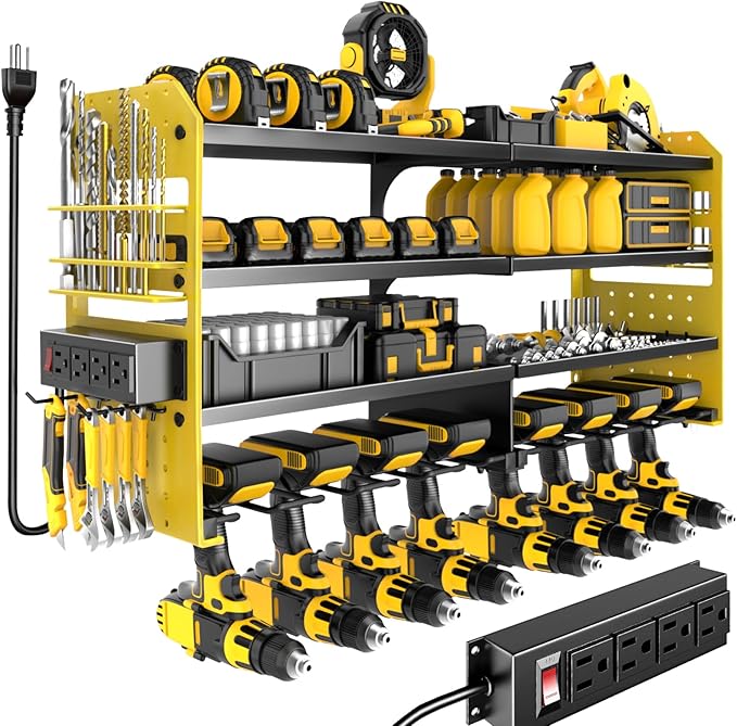 Power Tool Organizer Wall Mount with Charging Station,4 Layer Heavy Duty Metal Storage Rack with 8 Cordless Drill Holder,Battery Utility Rack Gift for Garage workshops Room(Yellow)