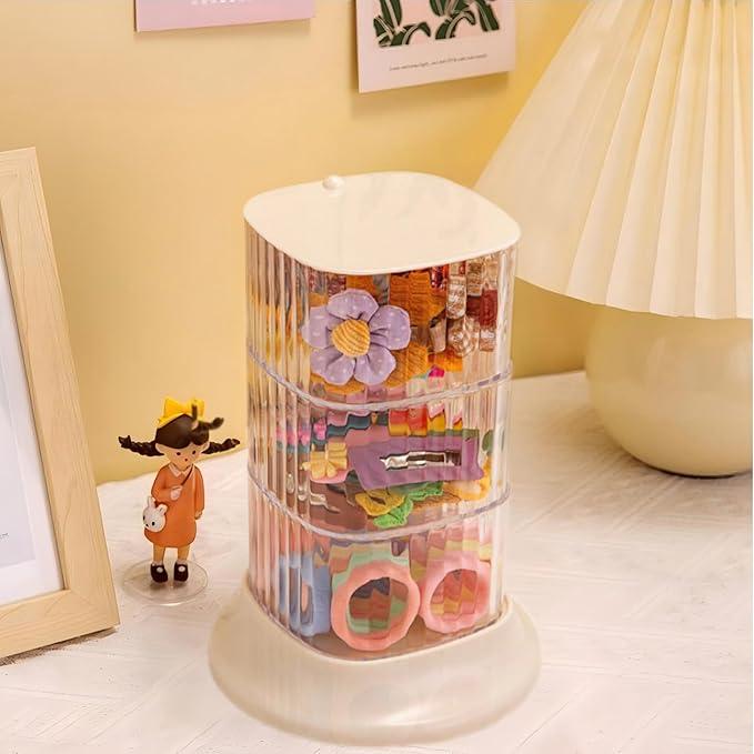 Hair Accessory Organizer, 3-Layer Rotating Clear Hair Tie Organizer for Hair Clips, Headbands, Hair Ties, Earring, Necklace, Ring, Jewelry Boxes & Organizers for Girls & Women (3-Layer，White)