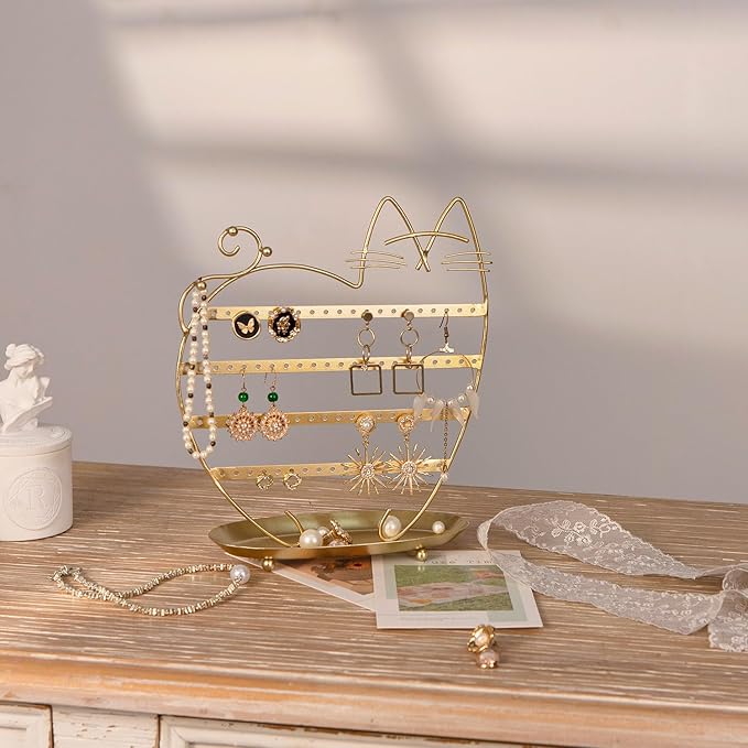 NIKKY HOME Cat Earring Holder Hanging Organizer Stand Metal Jewelry Tree Table Top Ear Stud Holder Tower Rack with Ring Tray and Hook for Girls (80 Holes), Gold