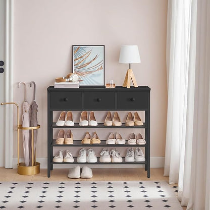 YATINEY 4-Tier Shoe Rack with 3 Drawers, Metal Shoe Organizer for 15 Pairs with Storage Shelves and Wooden Top, for Entryway, Hallway, Foyer, Closet, Black SS34BB