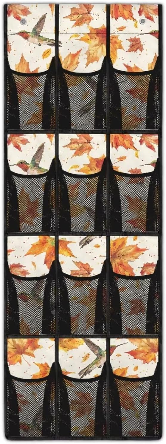 Hummingbirds and Maple Leaves Over The Door Shoe Organizer for School,Space Saving Door Hanger Organizer Large Capacity Wall Hanging Storage 12 Pockets