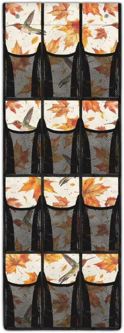 Hummingbirds and Maple Leaves Over The Door Shoe Organizer for School,Space Saving Door Hanger Organizer Large Capacity Wall Hanging Storage 12 Pockets