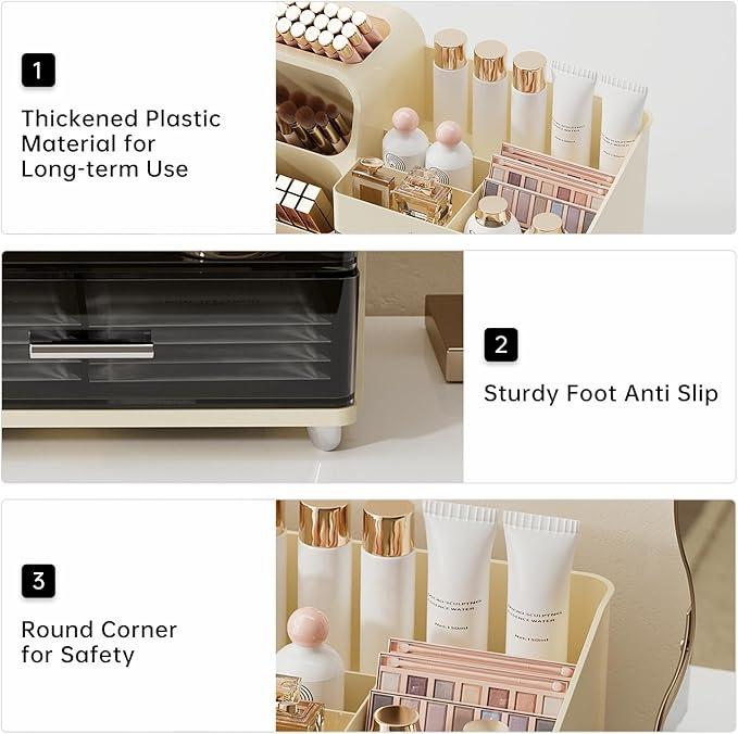 Makeup Organizer for Vanity with Brush Holder, Large Capacity Bathroom Countertop Skincare Organizer with 2 Drawers, Cosmetic Display Case for Perfumes, Eyeshadow Palettes, Nail Polishes