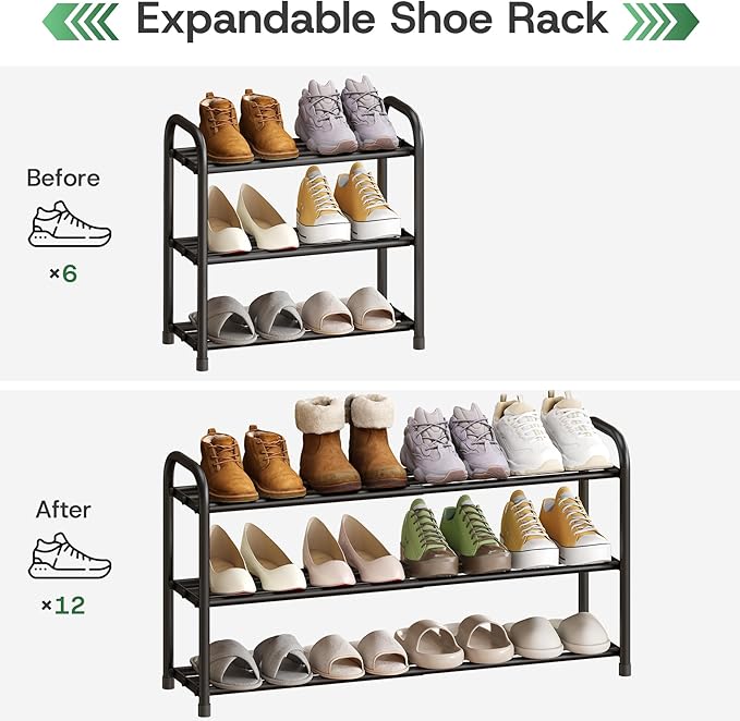 kiplant Shoe Rack for Closet, 3-Tier Expandable Closet Shoe Rack Metal Organizer, Heavy Duty Black Shoe Storage Shelf for Entryway, Doorway, Narrow Space