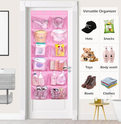 KIMBORA 12 Large Mesh Pockets Over the Door Shoe Organizer for Closet Hanging Shoe Rack for Door Sneaker Hanger Boot Storage for Kids, Baby, Toddler, Girl, Pink