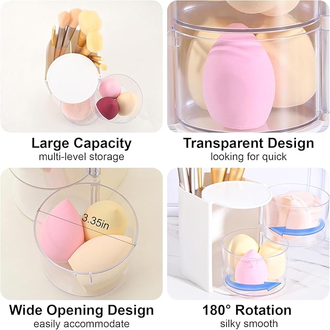 DASITON 2-Layer Makeup Brush Holder with Hair Accessories Organizer, Rotatable Desktop Organizer Case for Hair Clip, Makeup Sponge, Jewelry and Hair Accessories, Hair Brush Holder for Vanity (White)