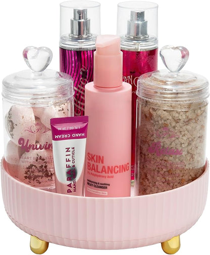 Paris Hilton 360° Rotating Makeup Organizer Tray, Large Capacity for Skincare & Beauty Essentials, Fluted Design with Gold Accents, 8.75-Inch, Pink