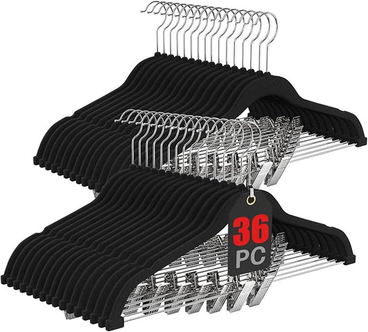 Korpai 36-Pack Black Velvet Hangers with Clips Adjustable,Adult Hangers,Outfit Hanger,Heavy-Duty,Felt,Non-Slip,Space Saving, for Pants, Skirts, Suits,Coats, Dresses ect.